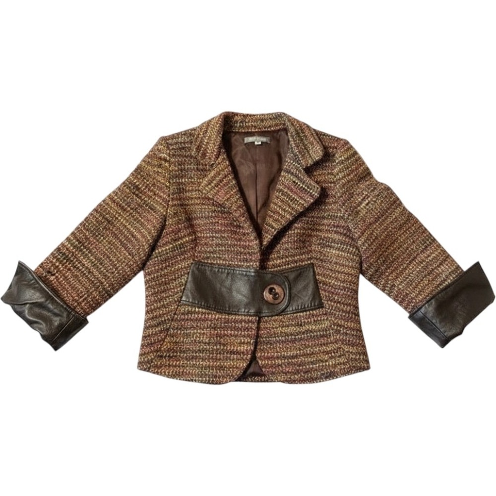 Louis Verdad Tweed Blazer Brown Leather Trim Career Business Chic‎ Old Money M